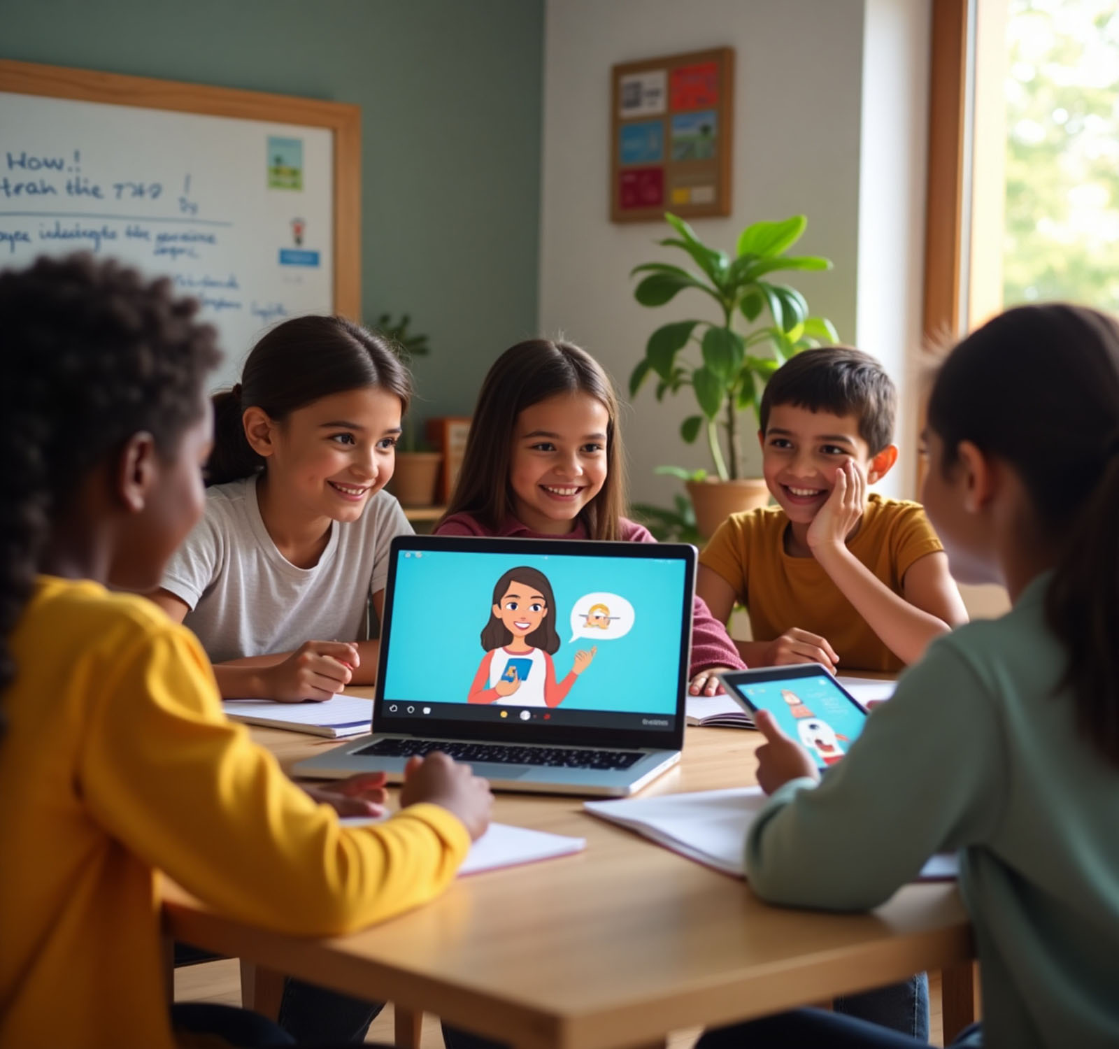 Niños aprendiendo en grupo con alegría
